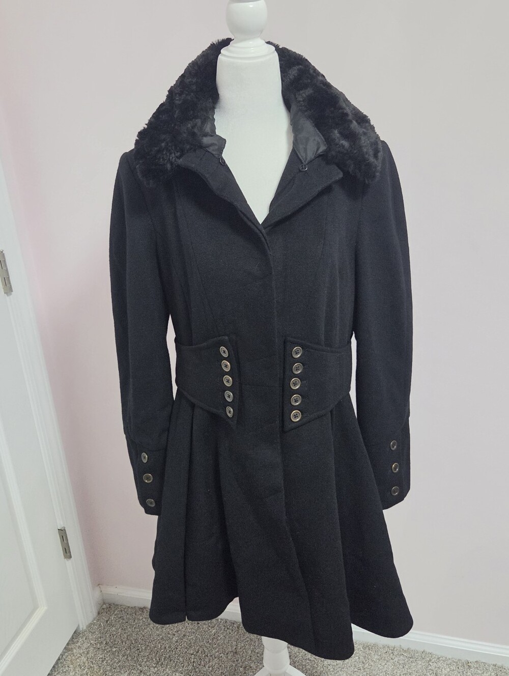 Betsey Johnson Wool Blend Fit And Flare Corset Inspired Y2k Goth Faux Fur Coat 8